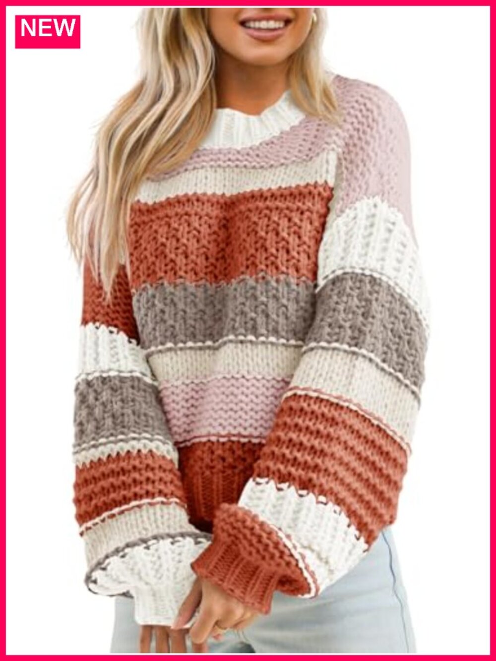 Saodimallsu Womens Chunky Knit Cropped Sweater Striped Pullover